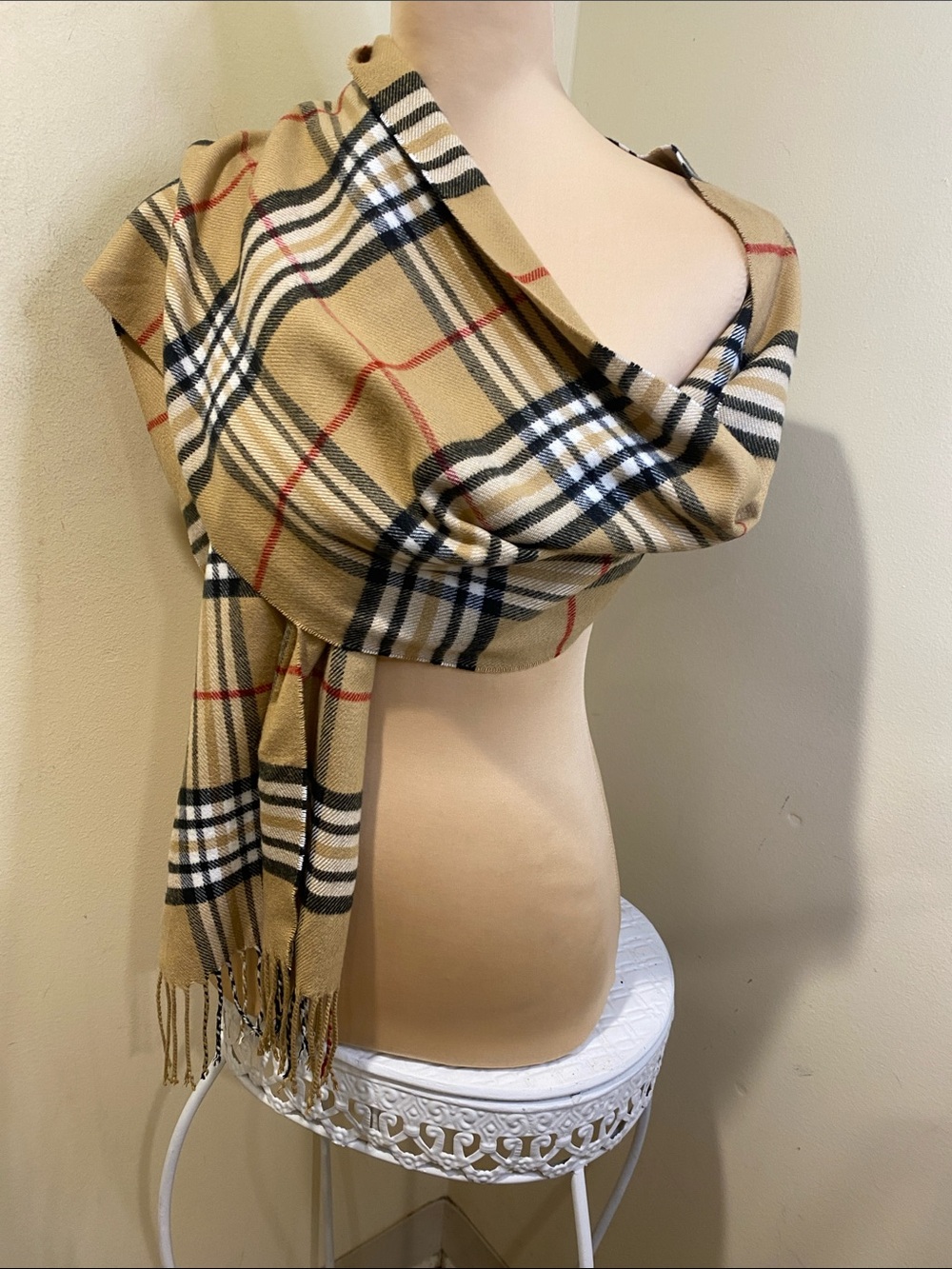 100% Cashmere Italy Design Classic Check Plaid Scarf - Camel